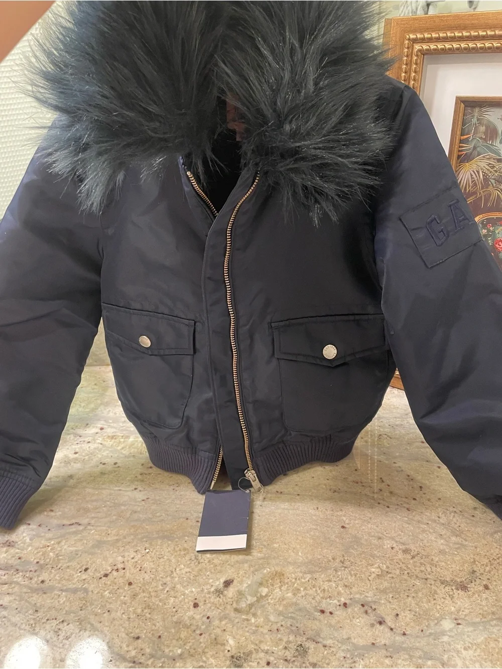 GAP Navy Bomber Jacket with Faux Fur Trim